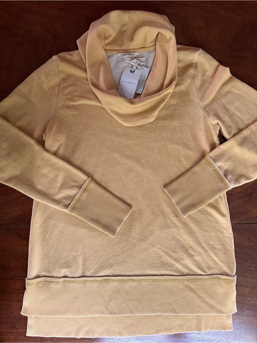 Lucky Brand Cowl Neck Pullover Sweatshirt Golden Yellow Hi-Low Hem NWT Medium
